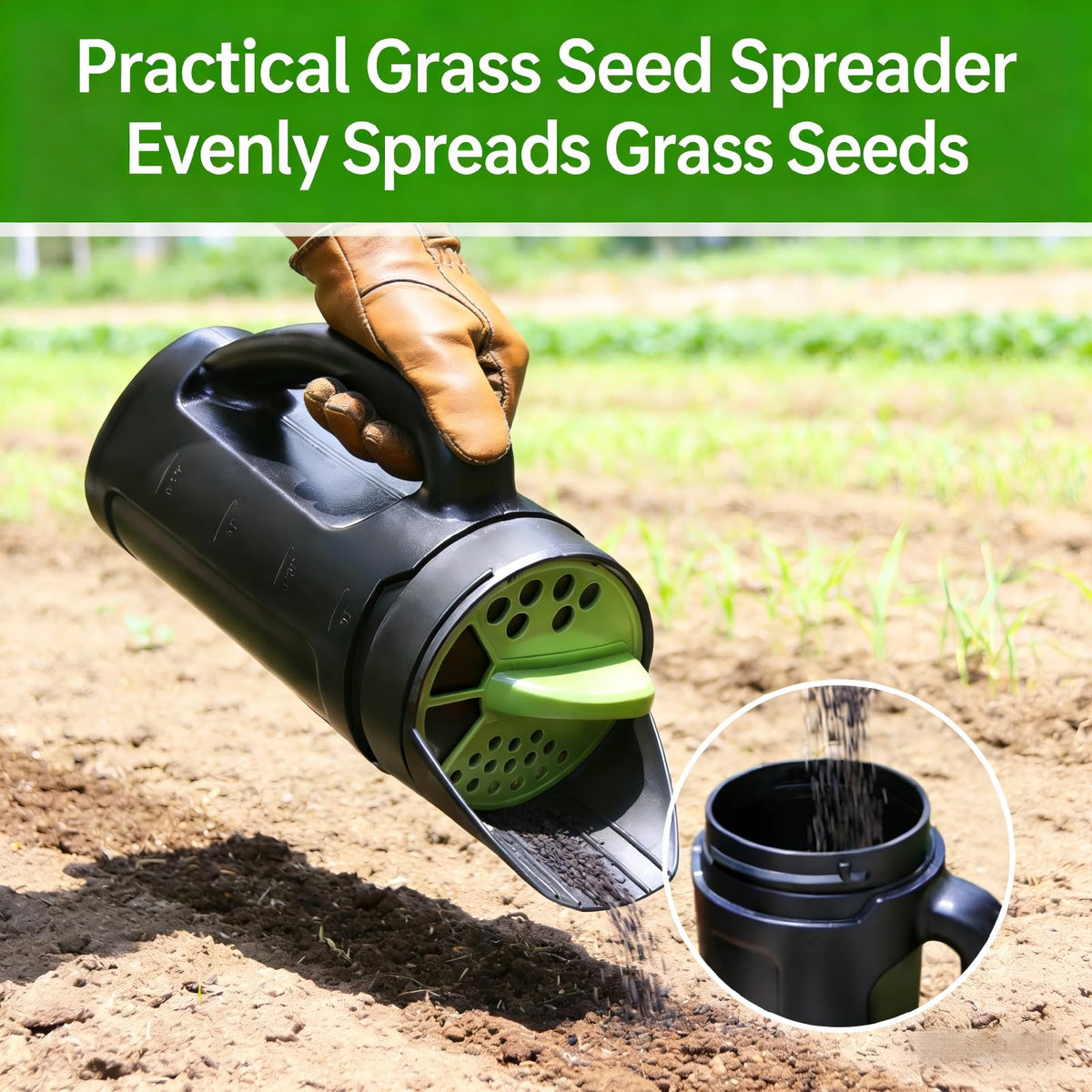 Handheld Spreader Shaker for Seed, Fertilizer, Earth Food, Salt and Ice Melt | Multiple Opening Sizes for Any Need | 80 Oz Capacity for Lawn & Garden