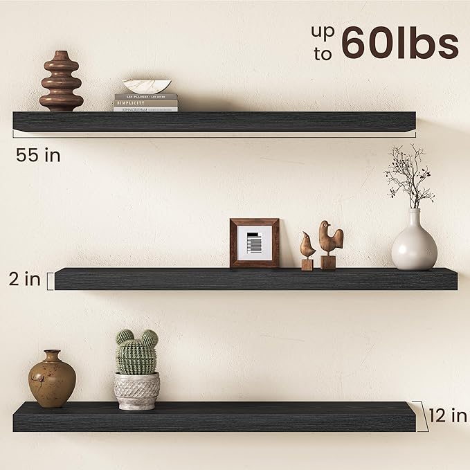 Black Floating Shelves 55Inch Long, 12 Inch Deep Floating Shelves