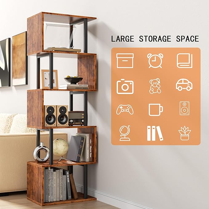 Furologee 6 Tier Bookshelf, Tall S Shaped Geometric Bookcase, Modern Display