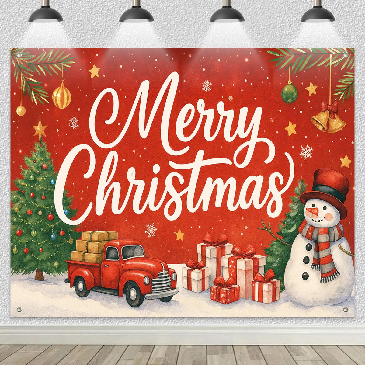 HOMETITUTE Red Truck Christmas Backdrop 8×6ft Snowman Gift Tree Holiday Party Banner for Family Photography Winter Decoration Background