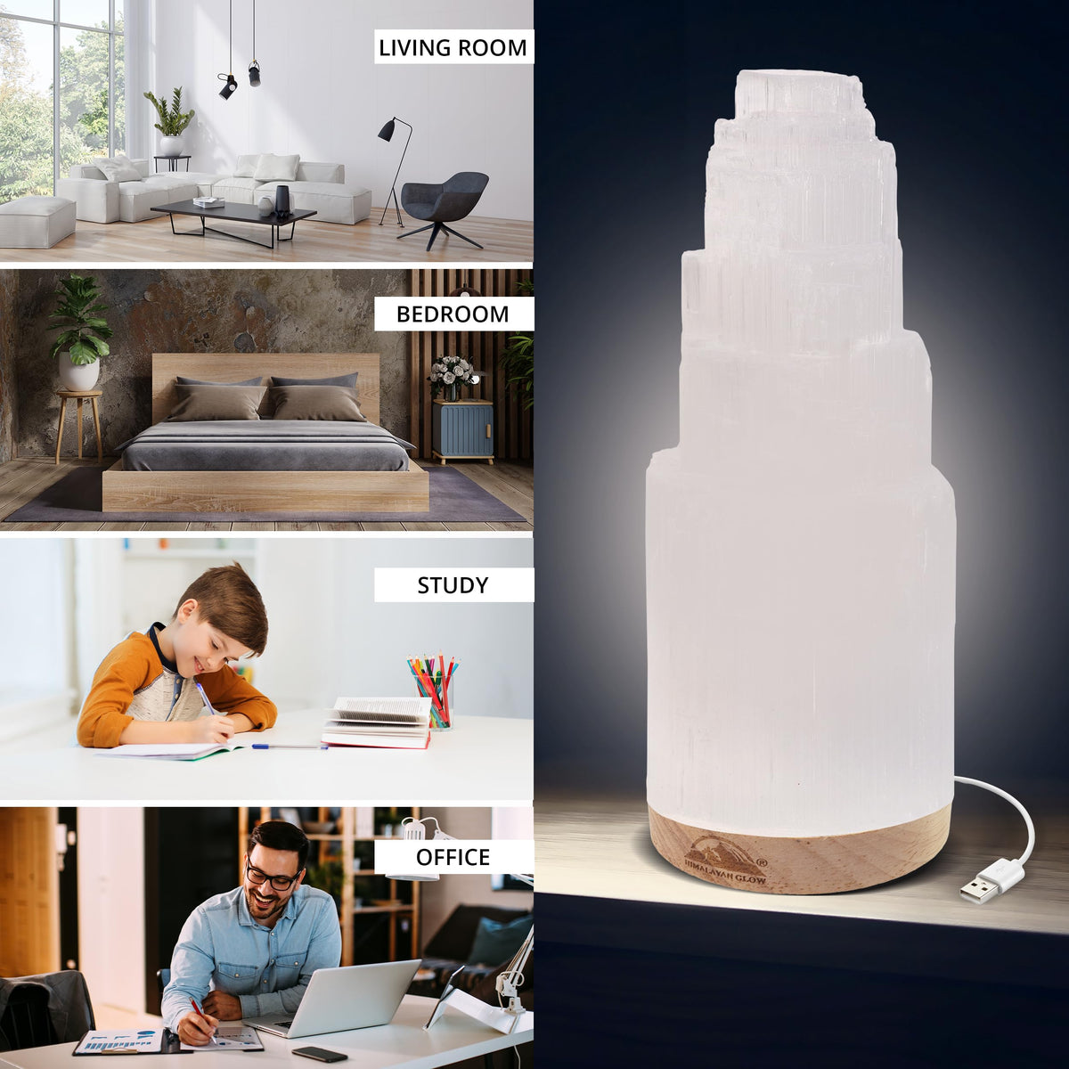 Himalayan Glow Selenite Crystal Lamp 20 cm, Hand Curved Moroccan Charging Station, Crystals and Healing Stones, Electric Cord with Dimmer Switch For Home Decor & Spiritual Protection 4-7 Lbs