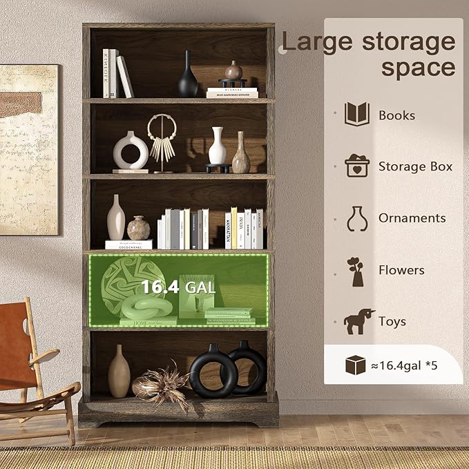 TVU 5-Tier Solid Wood Book Shelf, Floor Standing Bookcase, Farmhouse Style Book