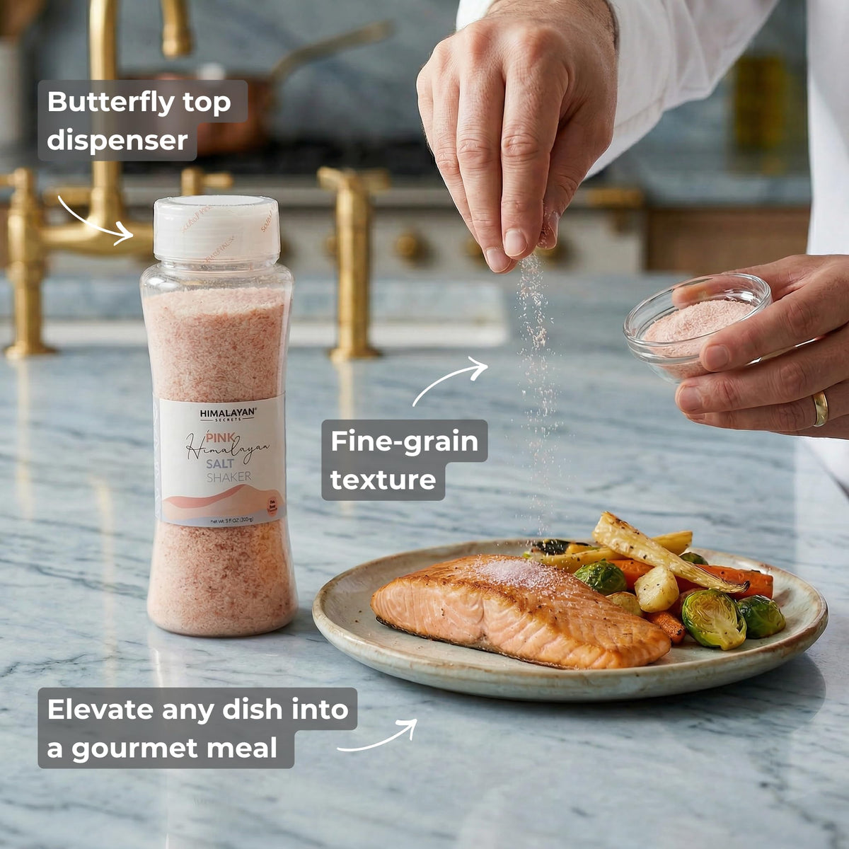 Himalayan Secrets Natural Pink Salt - Cooking Salt, Fine Grain Gourmet Salt, Kosher Certified, Pure Flavor, Healthy, No Additives, Rich in Minerals, Easy Sprinkle Butterfly Top (17.6 oz Shaker)