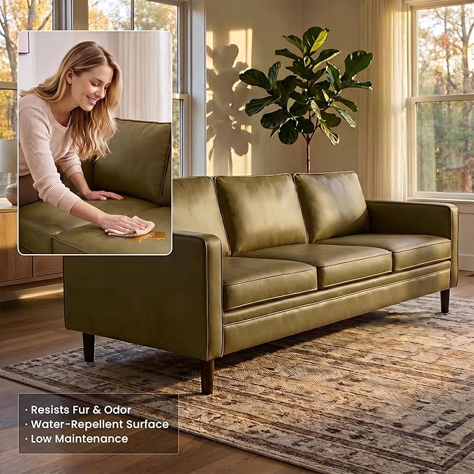 Kingfun 80" Faux Leather Sofa, 3 Seater Couch, Mid Century Modern Couches