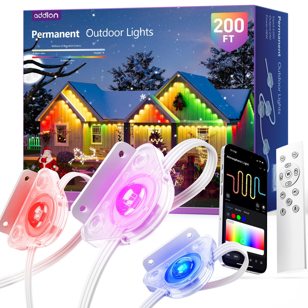 addlon Permanent Outdoor Lights, Smart RGB+IC LED Lights for House & Outdoor Decor, App & Remote Control, Scene Modes, IP67 Waterproof for Christmas, Holiday, Valentine's Day Decorations, 200FT