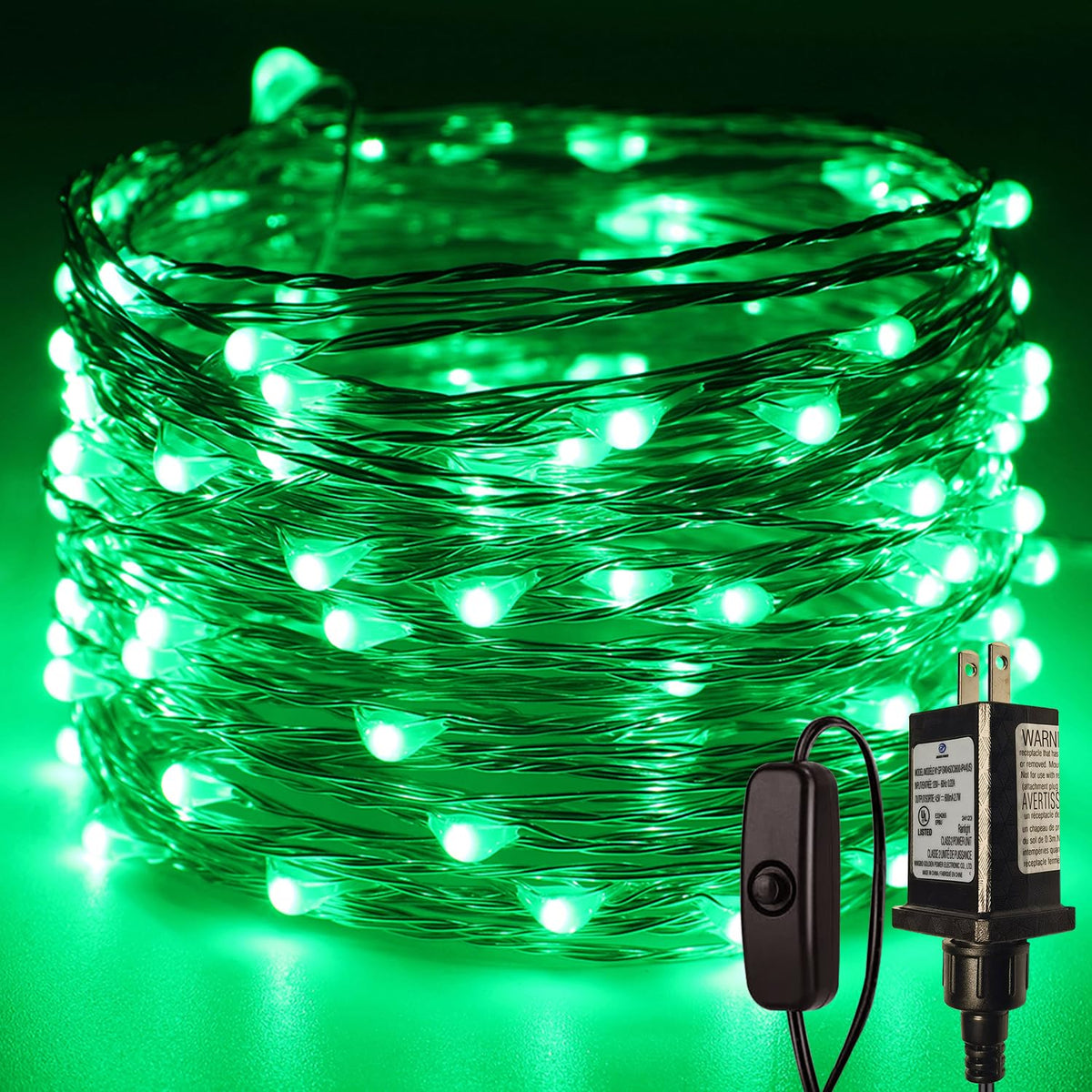 RUICHEN Plug in Fairy Lights with Switch, Waterproof 33 Ft 100 LED Silver Wire Starry String Firefly Lights for Christmas, Halloween, St. Patrick's Day, Parties, Ceiling, Vases, Craft, Green