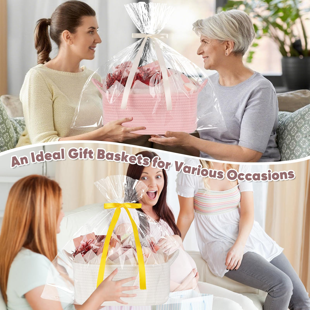 OIASKET Basket for Gifts Empty, Woven Storage Basket with Gift Bag, Ribbon and Wrap Tissue Paper, Small Rope Toy Storage with Handles for Christmas, Baby Shower, Dog Toy Organizer, 13.6" x 10" x 5.9”