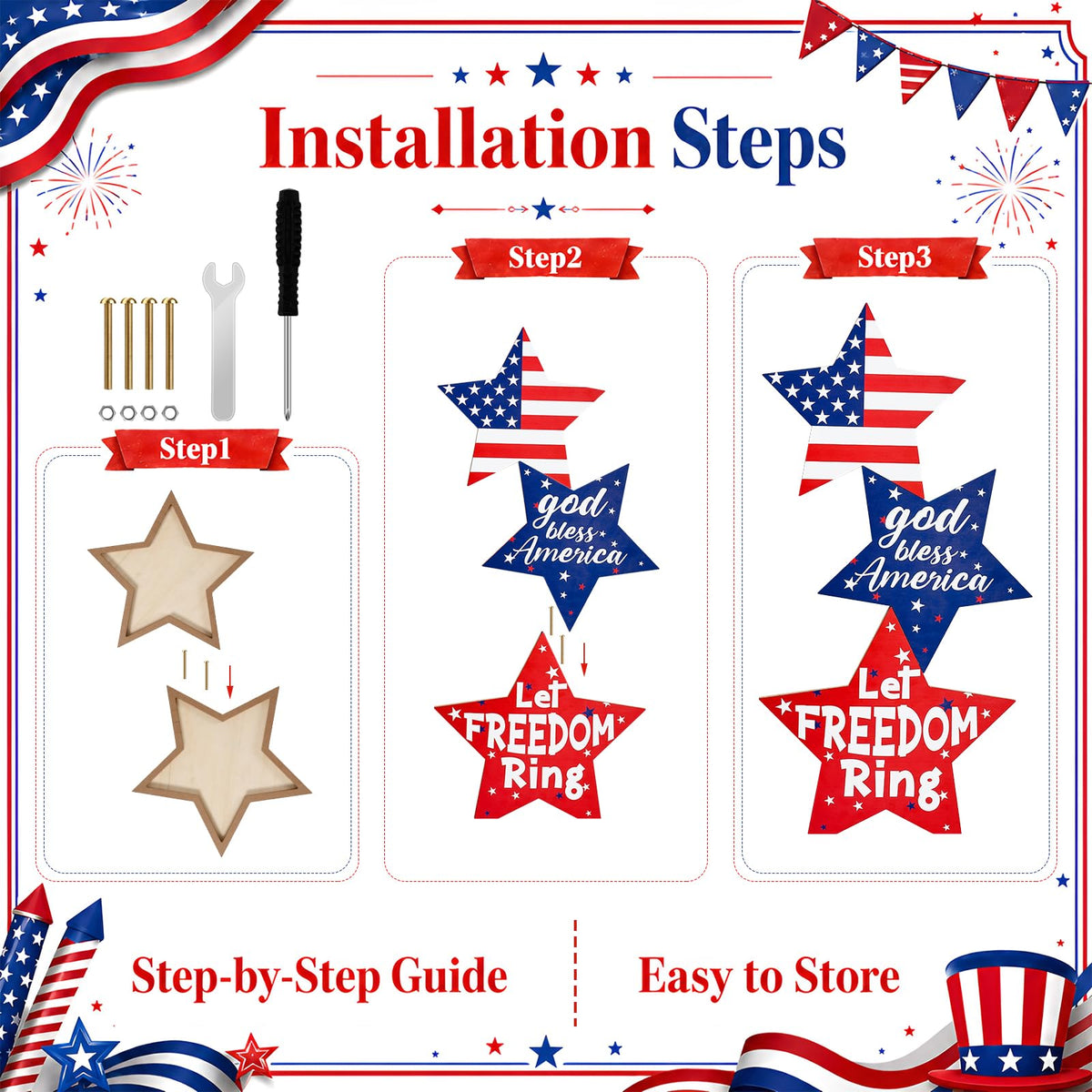 LawnIdyll 4th of July Large Wooden Star Porch Sign, Independence Day Standing Decoration God Bless America Star Shape Sign for Patriotic 250 Anniversary Red White Blue Outdoor Indoor Yard Front Door