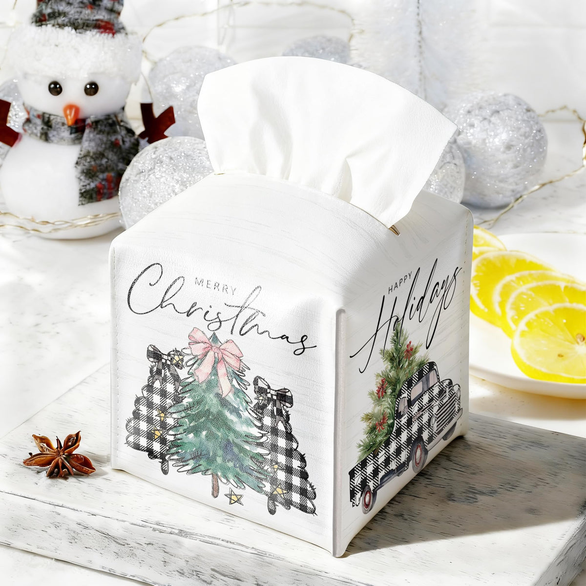 Christmas Box Cover Square, Buffalo Plaid Truck Trees Decorative Tissue Box Holder, Waterproof Leather Tissues Boxes Dispenser for Bathroom, Bedroom Nightstand, Office, Car Home Decor