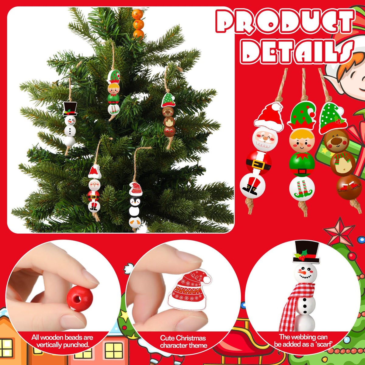 Cinnvoice 240 Pcs Summer Christmas in July Wood Beads with Twine Snowman Gingerbread Man Nutcracker Wooden Bead Garland DIY Crafts Round Beads for Xmas Party Decor (Classic Christmas)