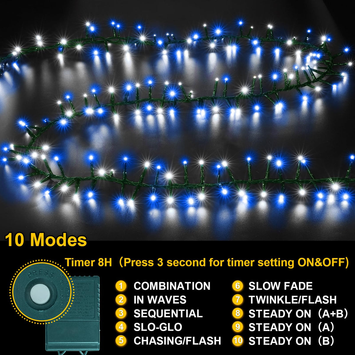 LAMPHOME 500 LED Blue White String Lights, 46ft 16 Modes Plug in Twinkle Fairy Lights, Waterproof Blue LED Christmas Lights Outdoor for Christmas Tree Bedroom Party Wedding Decor