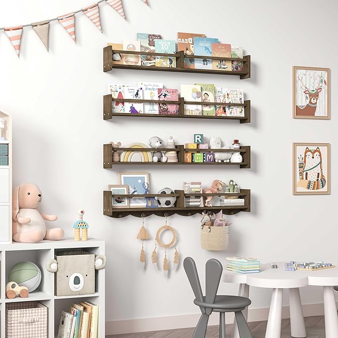 34Inch Nursery Bookshelves, Wall Floating Shelf Kids Coat Rack