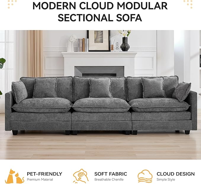 111'' Sectional Cloud Deep Seat Couch, Modern Comfy Chenille Modular Sectional