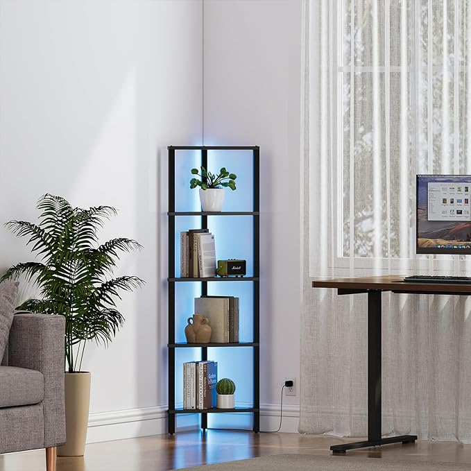 TUTOTAK Corner Shelf with LED Light, 5-Tier Corner Bookshelf