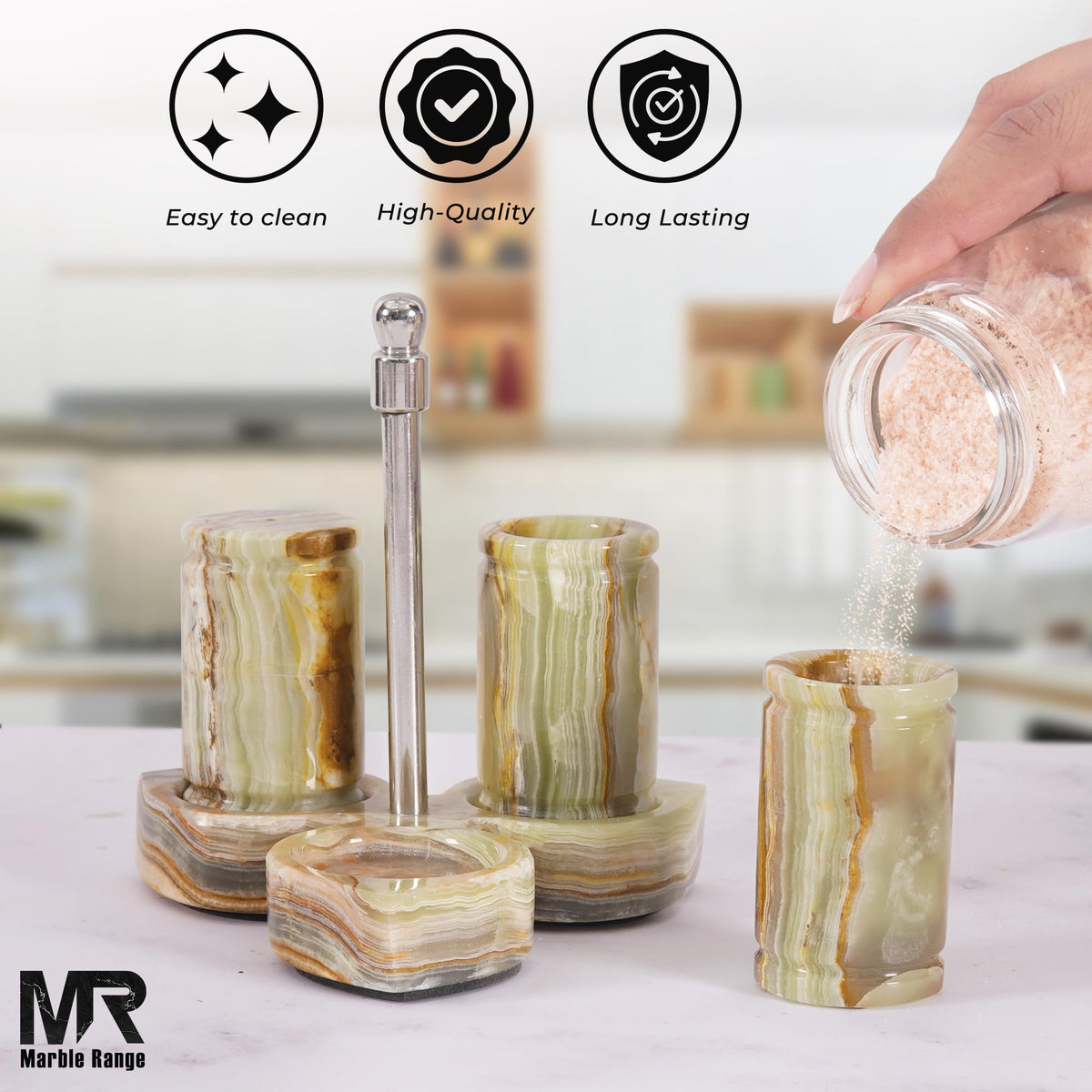 Marble Salt and Pepper Shakers Set of 3 – Handmade Green Onyx 0.8 oz Salt & Pepper Dispenser with Tray, Modern Tabletop Seasoning Set for Kitchen Countertop & Dining Decor, Easy Refill