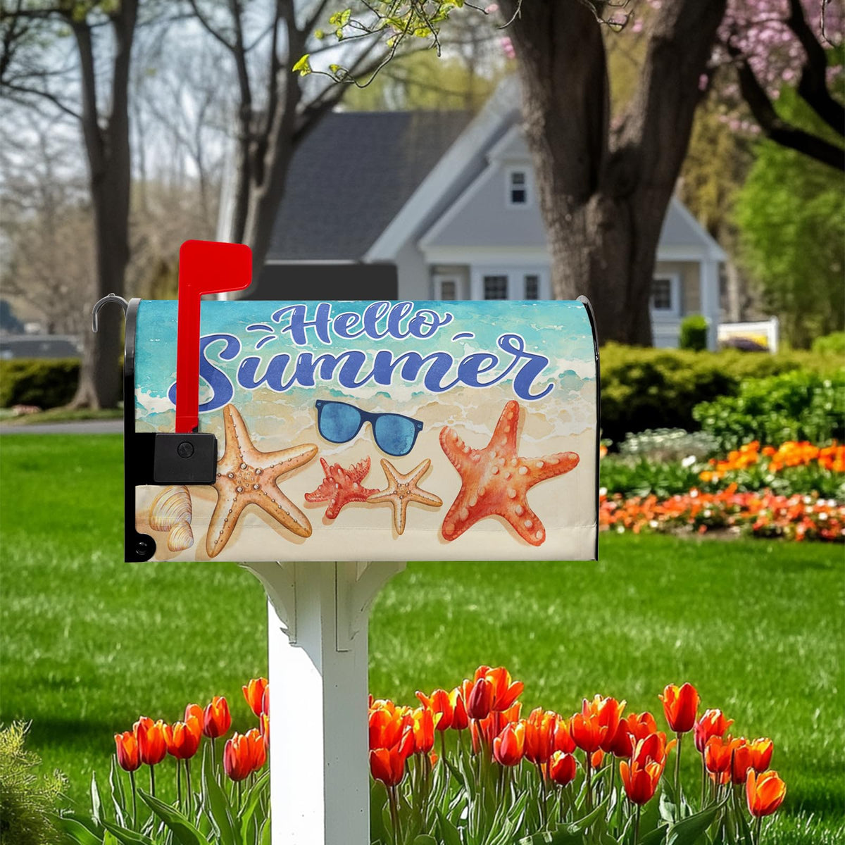 VentuCoven Hello Summer Mailbox Cover Beach Starfish Mail Box Covers Magnetic Standard Size Sunglasses Post Letter Box Cover Wrap 21x18 inch Mailbox Decorations for Outside Garden Yard