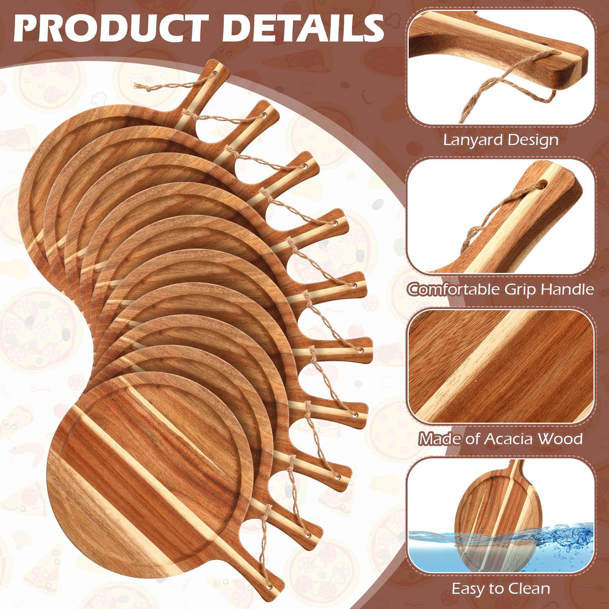 Tanlade 12 pcs Wood Cutting Board Bulk Round Wooden Serving Tray with Handle Acacia Chopping Boards Kitchen Charcuterie Paddle for Pizza Bread Cheese Fruit Vegetables