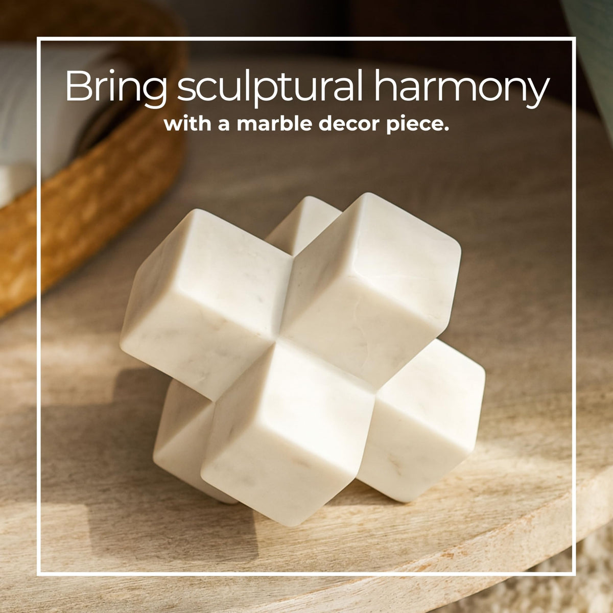 Geometric Cube Decorative Object – Marble Sculpture Modern Home Decor Ornament – Shelf Styling & Coffee Table Decor for Bathroom, Office & Living Room – 6.5", White