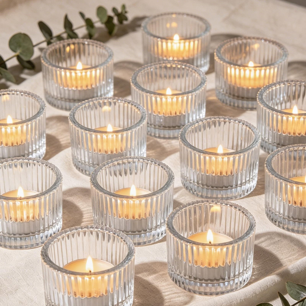Clear Glass Votive Candle Holders 12 Pack, Small Glass Cups for Tea Lights, Wedding Centerpieces, Table Decorations, Home Decor, Party Favors, Bulk Set of 12
