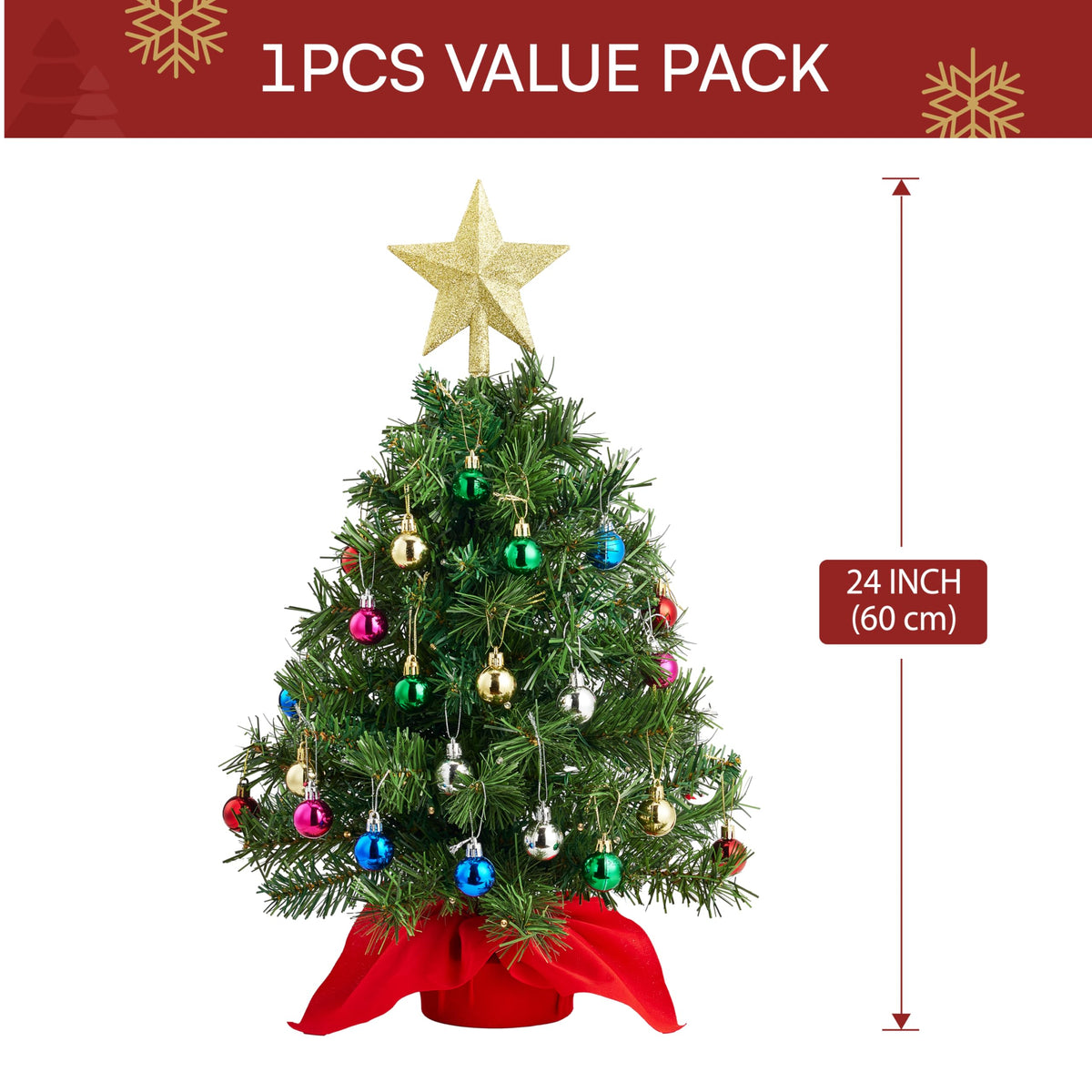 Joiedomi 24"/2FT Mini Christmas Tree Tabletop Set with Clear LED Lights, Artificial Mini Christmas Tree with Star Treetop and Hanging Ornaments, Best DIY Xmas Decorations