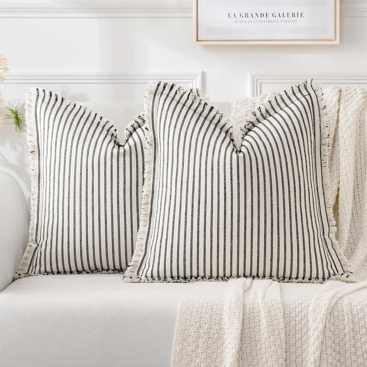 MIULEE Black Pack of 2 Pillow Covers 18x18 Inch Striped Farmhouse Couch Throw Pillow Covers with Fringe Chic Linen Decorative Cushion Covers for Sofa Living Room Bed Outdoor Home Decor