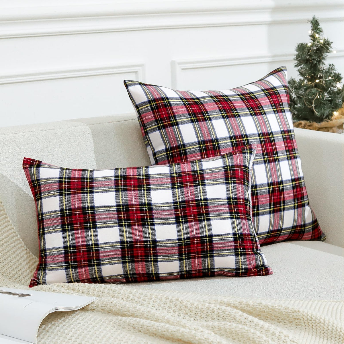OTOSTAR Christmas Scottish Tartan Plaid Throw Pillow Covers Farmhouse Classic Decorative Square Cushion Cases Soft Pillowcases for Decor Sofa Couch 20x20 Inch Set of 2 (Red White)