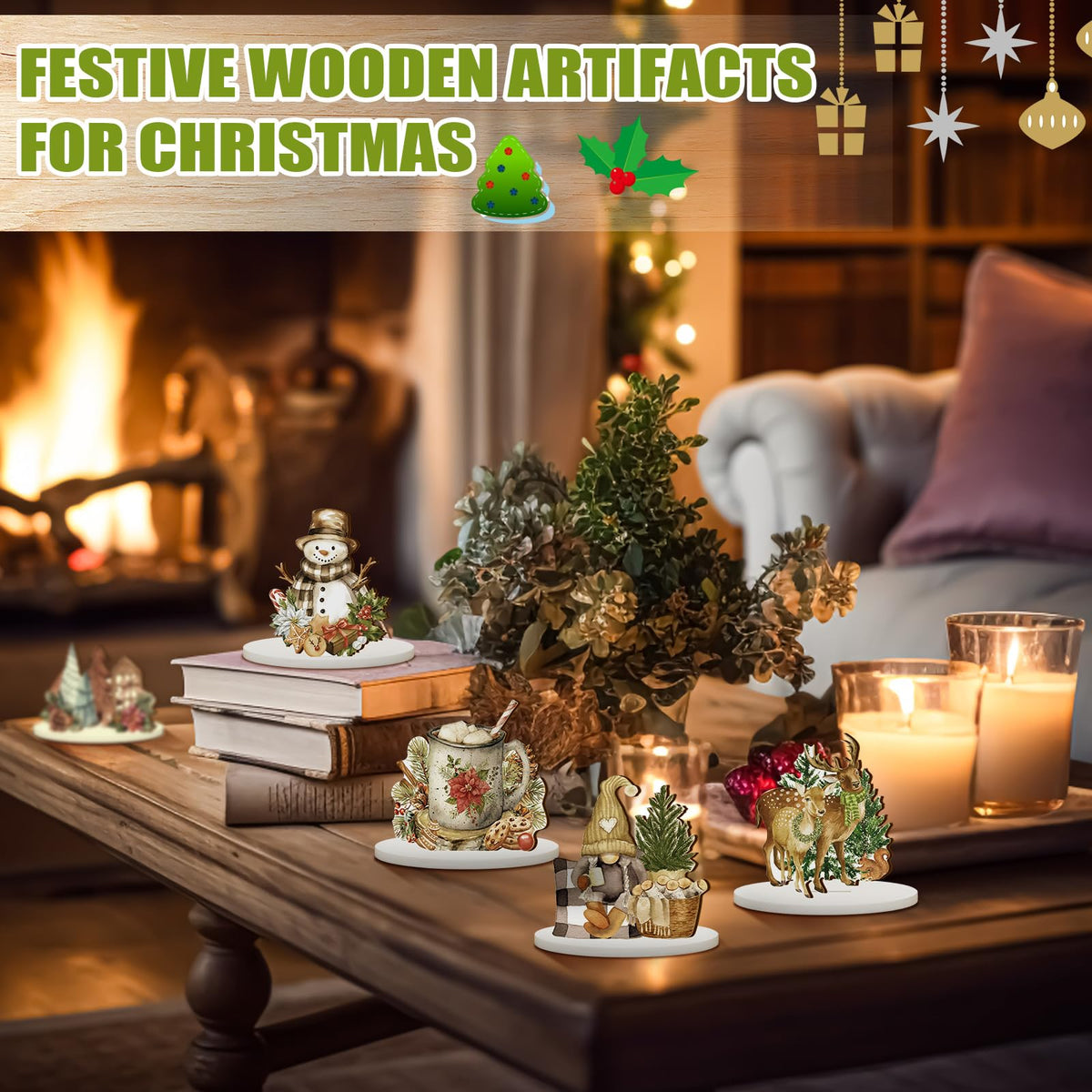 Yousoontic 12Pcs Christmas Rustic Wooden Centerpieces Decorations Winter Santa Snowman Elk Gnome Snowflake Xmas Tree Wooden Signs Farmhouse Tabletop Centerpieces Home Decor for Winter Holiday Dinner