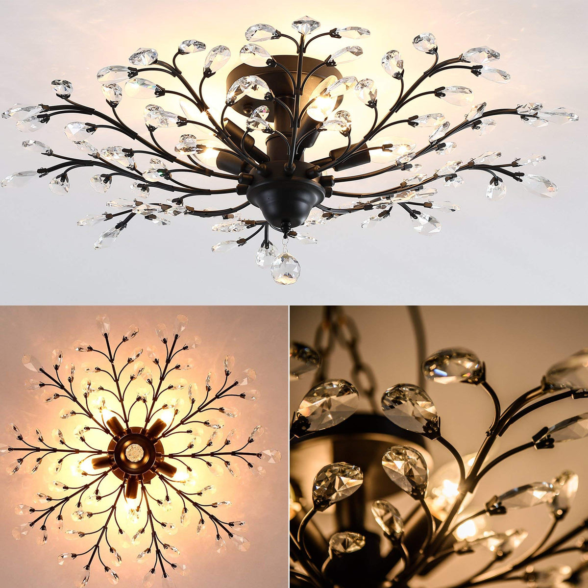 Garwarm 5 Lights Vintage Crystal Chandeliers Ceiling Lights LED Light K9 Clear Crystal Pendant Lighting Ceiling Light Fixtures Chandeliers Lighting for Living Room Bedroom Restaurant Porch (Black)