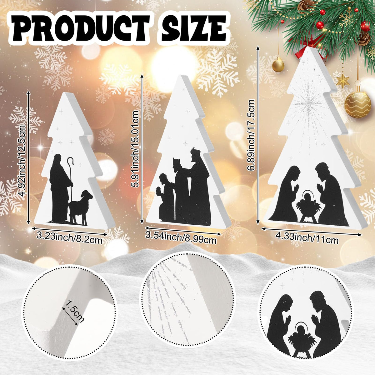 Chunful 3 Pcs Jesus Nativity Wooden Decor Black White Wood Centerpiece Christmas Table Sign Rustic Wood Tree Nativity Scene for Christmas Home Tabletop Mantel Fireplace Party Decoration