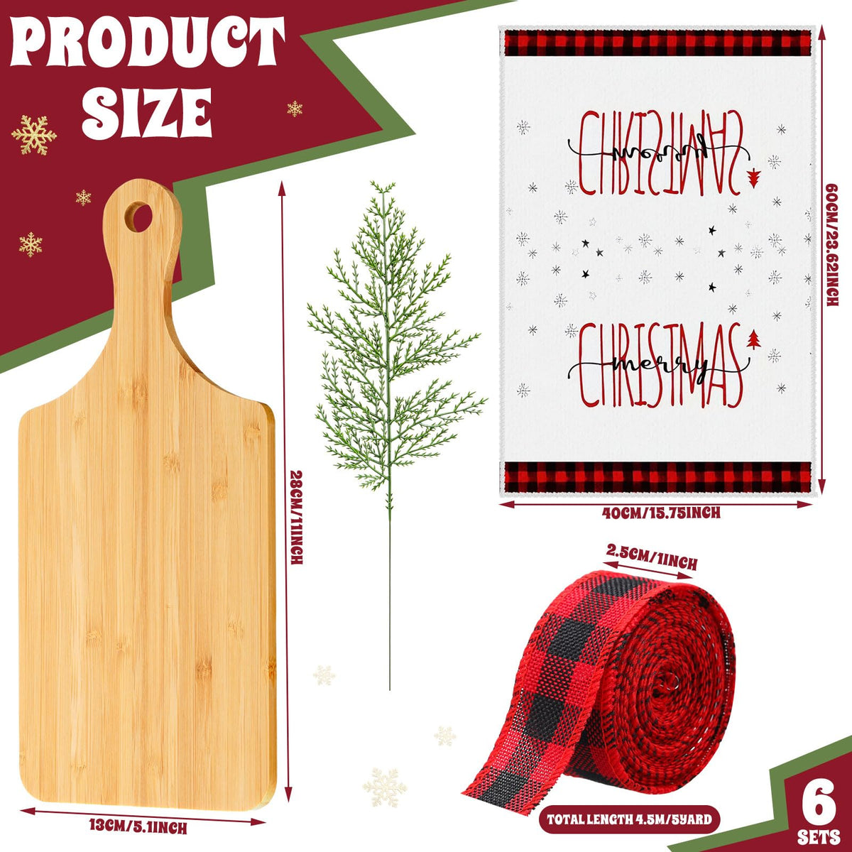 Hahafelt 6 Set Christmas Charcuterie Board Set Xmas Kitchen Gift for Housewarming Gifts New Home Square Wooden Cutting Cheese Board Chopping Serving Tray with Towel Pine Leaf Decoration Holiday Gift