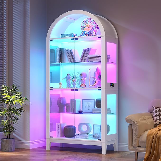 HNEBC Arched Display Case with RGB Lights, LED Curio Cabinet with Shelf