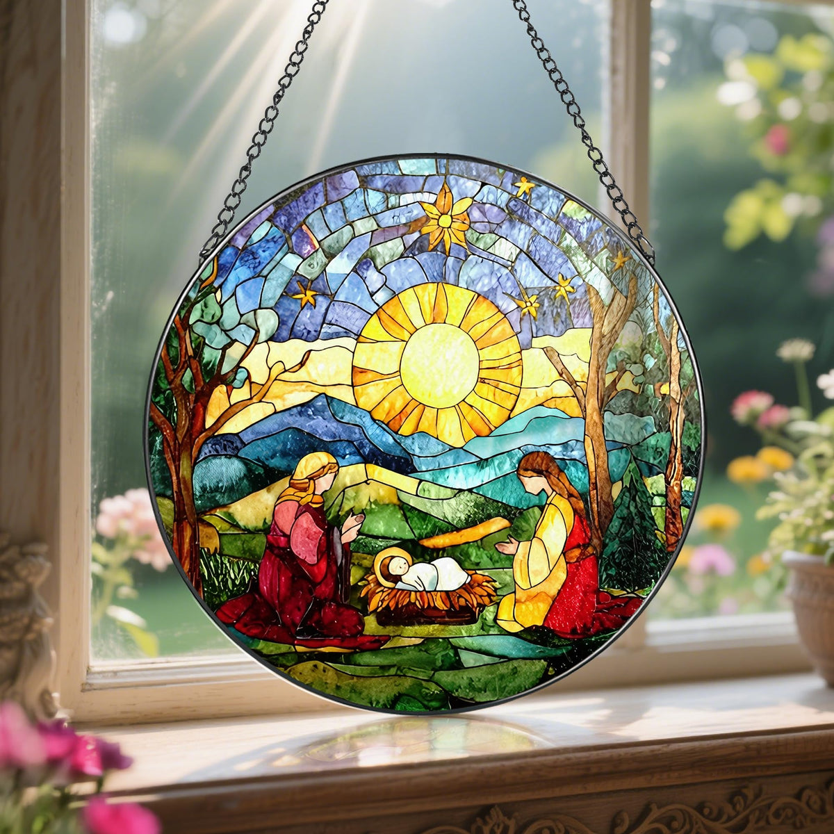 LAOWEIKI 8'' Stained Glass Suncatcher Decor, Window Hanging, Nativity Scene Ornament, Religious Christmas Ornaments, Christian Holiday Decor, Gifts for Christmas, Christian Gift, Religious Gift
