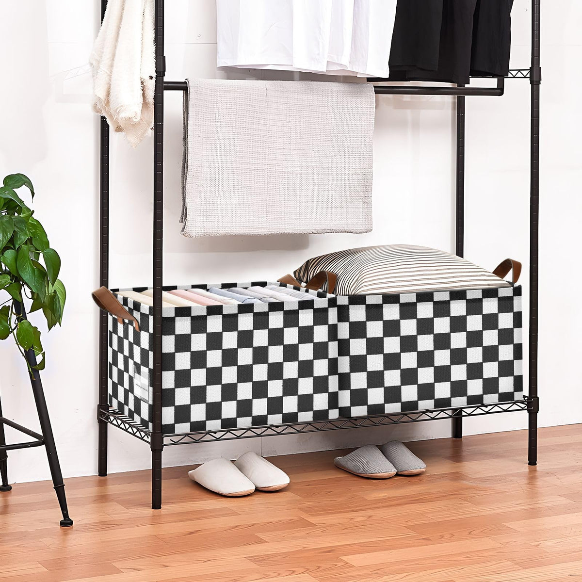 YNNALE Black and White Checkered PlaidStorage Bins for Shelves with Labels&Handles Fabric Organizer Bin Foldable Rectangle Storage Basket Boxes for Closet, Bathroom, Home, Living Room