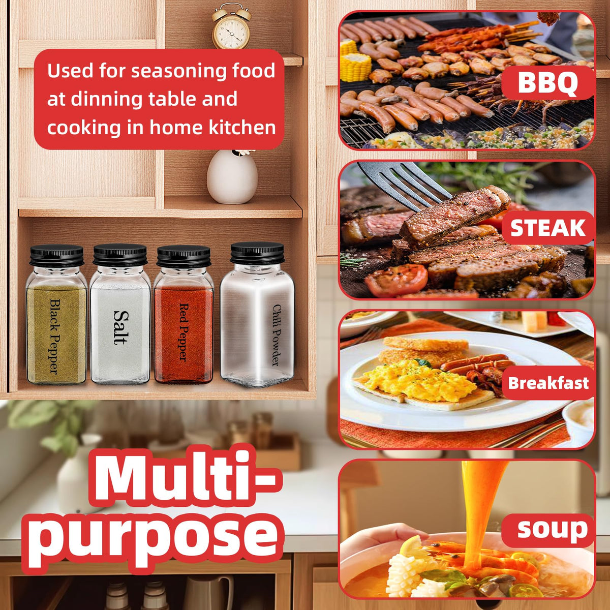 6Pcs 6 oz Square Glass Spice Jars with Label, Empty Spice Containers with Black iron Lids, Square Seasoning Containers and Supplement Set, Small Seasoning Bottles for Salt, Herbs, Sugar, Pepper (6)