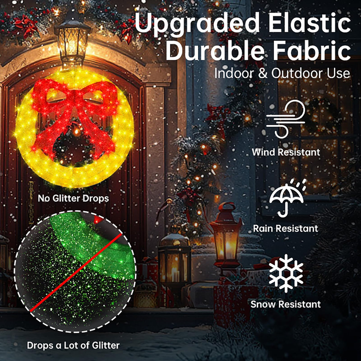 Outdoor Christmas Wreath Decoration - 36" Bright LED Christmas Wreath Lights with Bow, Large Lighted Christmas Wreaths Window Lights for Wall, Windows, Front Door Decor, Red Bow - Gold Wreath