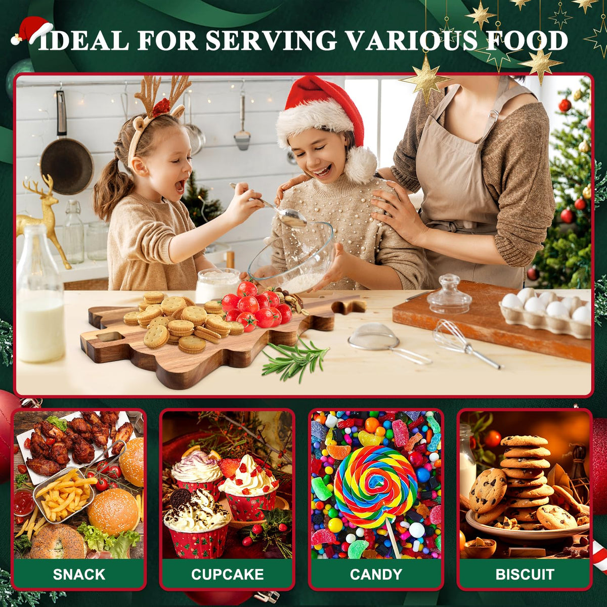 16.5" Wooden Christmas Tree Charcuterie Boards Acacia Wood Cutting Board with Handle Christmas Kitchen Decor Gifts Xmas Serving Cheese Board Festive Decorative Food Tray Holiday Xmas Tree Platters