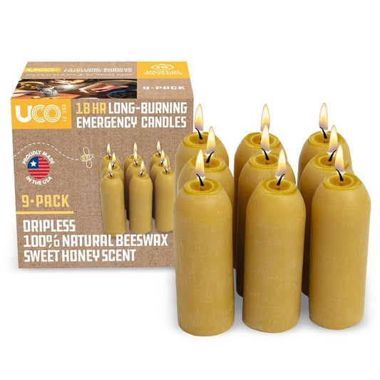UCO 12-Hour Natural Beeswax, Long-Burning Candles for UCO Candle Lanterns and Emergency Preparedness, 9-Pack