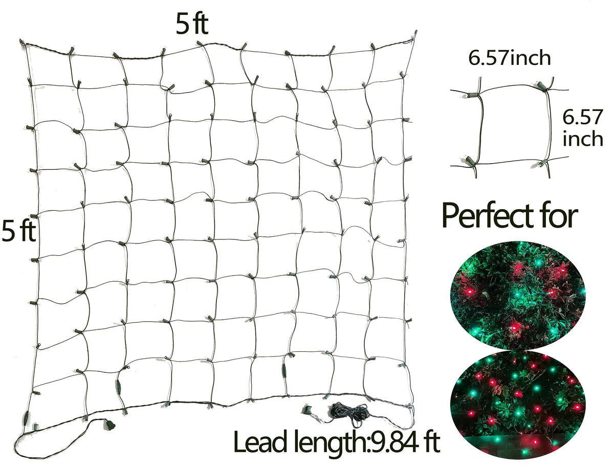 HISHINY LED Christmas Net Lights Outdoor, 5ftx5ft 100LED Green Wire, Connectable Bush Mesh Net Lights String for Halloween Christmas Party,Shrub,Yard,Tree（Red&Green）