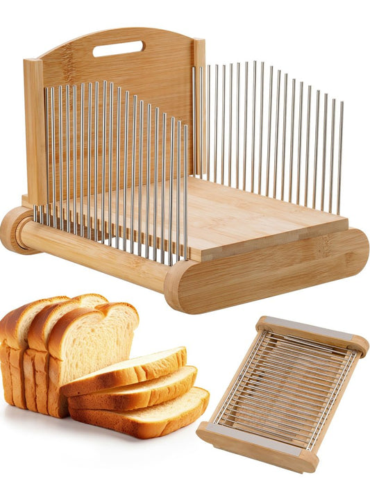 NiHome Bamboo Bread Slicer for Homemade Bread with Stainless Steel Guides, Adjustable Thickness for Toast & Sandwiches, Foldable Compact Sourdough Wood Cutting Board