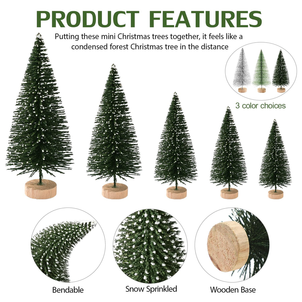 30Pcs Mini Christmas Tree Decor, Artificial Christmas Tree 5 Sizes,Mini Sisal Snow Frost Trees with Wooden Base for Christmas Decor Christmas Party Home Table Craft Decorations (A-Green/Silver)