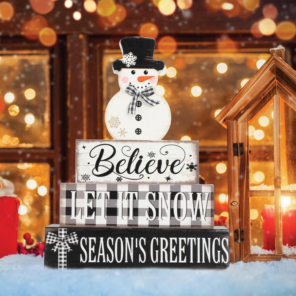 4 Pcs Christmas Decorations Indoor Wooden Snowman Table Sign Decor Table Centerpieces Xmas Merry Christmas Tabletop Block for Holiday Office Desk Tiered Tray Party Shelf Decor Double-sided Pattern