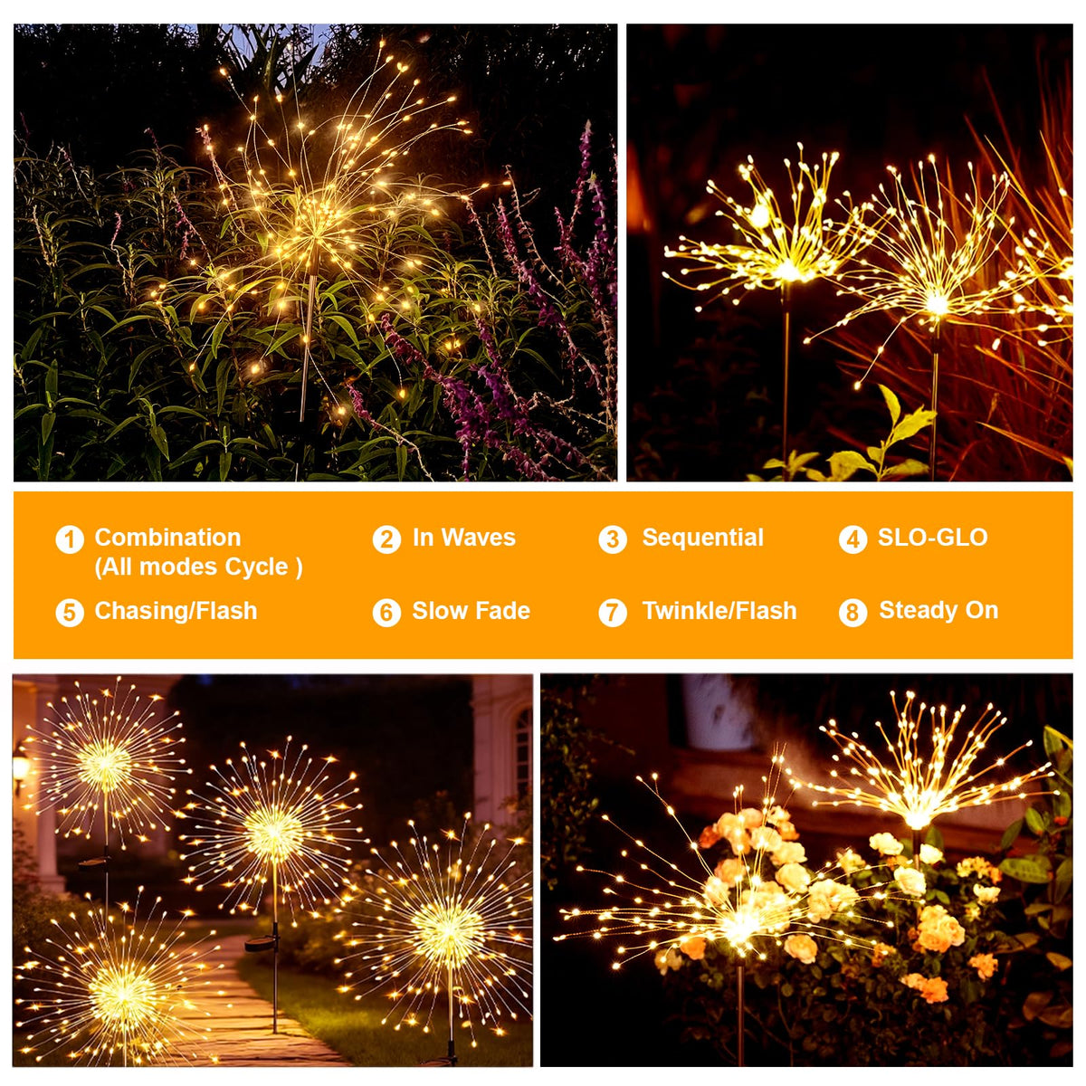 Galavasen Solar Fireworks Lights for Outside, 150 LED Firework Solar Lights Outdoor Waterproof,Garden Fairy Twinkling Tree Stake for Yard Patio Pathway Wedding Christmas Diwali Decor 4 Pack Warm White