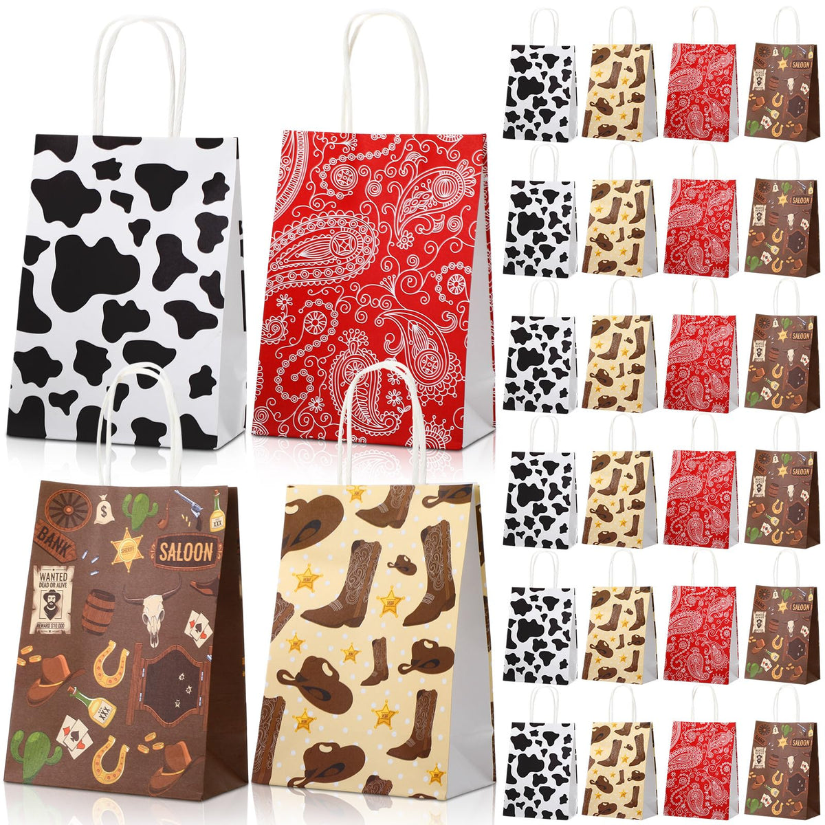Marspark 24 Pcs Western Cowboy Party Favor Gift Bags Rustic Hat Boots Paisley Goodies Treat Paper Totes with Handle for Birthday Christmas Party, 4 Styles
