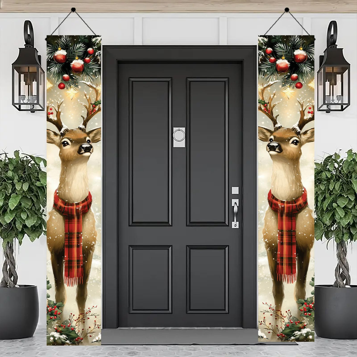 Saoplasa 2PCS Christmas Porch Banner Reindeer with Scarf Vertical Hanging Decorations for Front Door Outdoor Winter Holiday Welcome Sign Plaid Deer Wall Decor Xmas Entryway Background 71 x 12 Inch