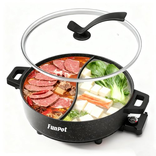 6L Electric Hot Pot with S-Shape Dual-Divider, Smart Temperature Control, 5 Heat Settings, 1350W Fast Boiling, Diamond Nonstick Pot (Black Hollow Handles)