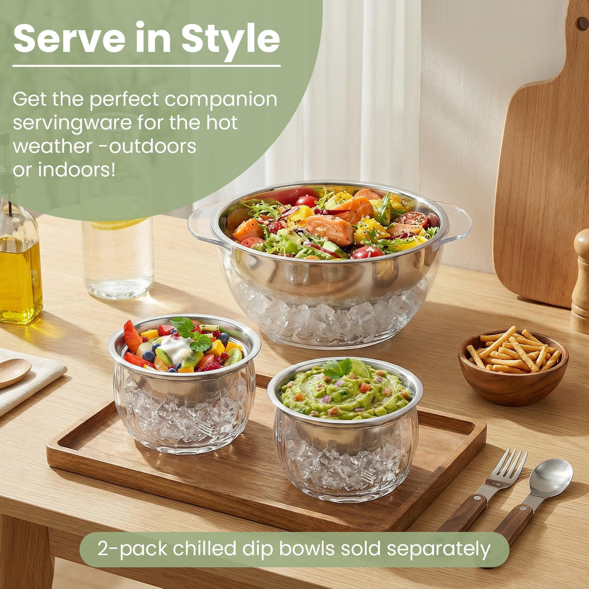 Chillnstay 2-Pack Stainless Steel Chilled Dip Bowls with Lids, Dip Bowls on Ice with Ice Bases, Stainless Steel Spoon and Fork for Salsa, Guacamole, Hummus, Caviar and Appetizers