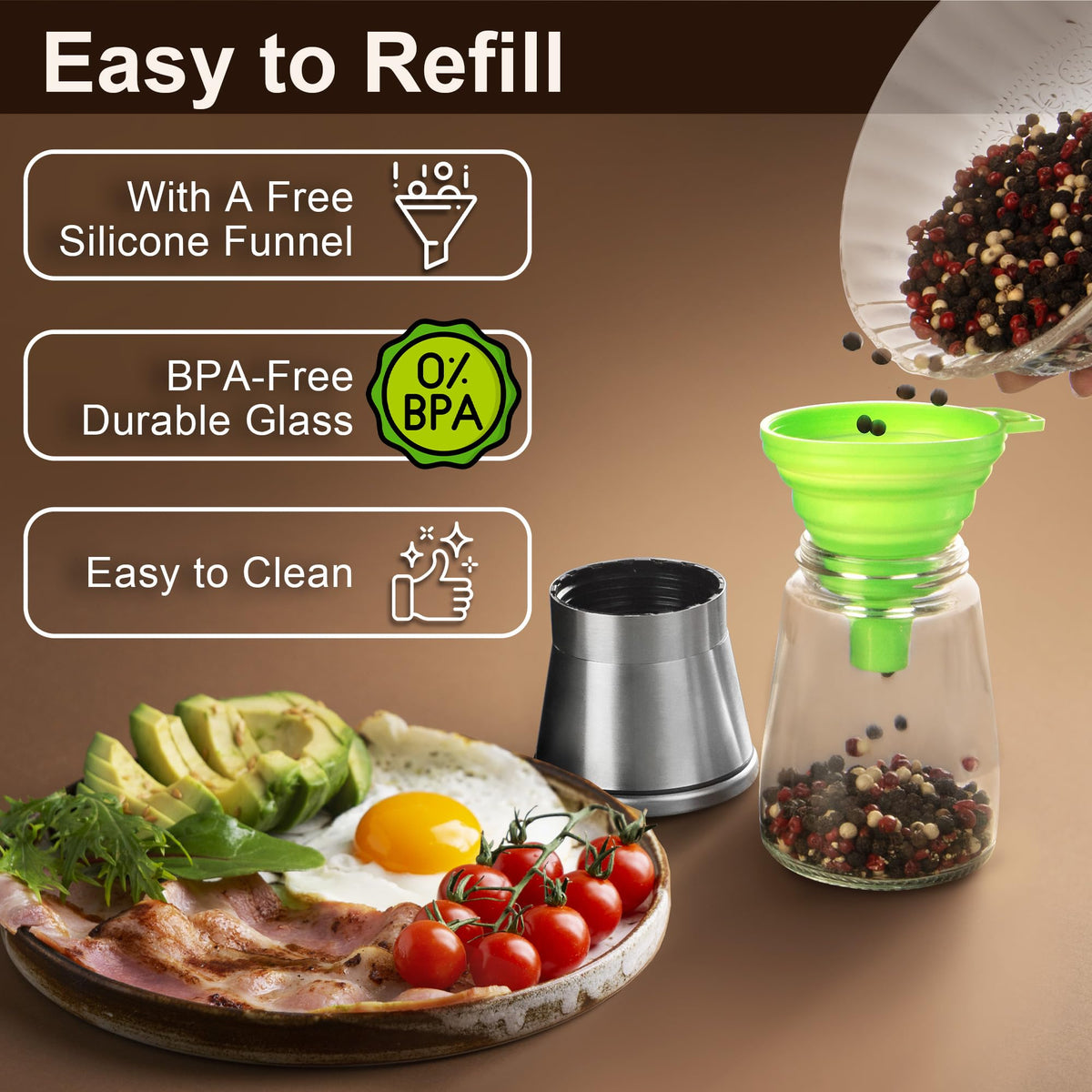 Premium Stainless Steel Salt and Pepper Grinder Set of 4 - Adjustable Ceramic Sea Salt Grinder & Pepper Grinder - Glass Salt and Pepper Shakers - Pepper Mill & Salt Mill W/Funnel