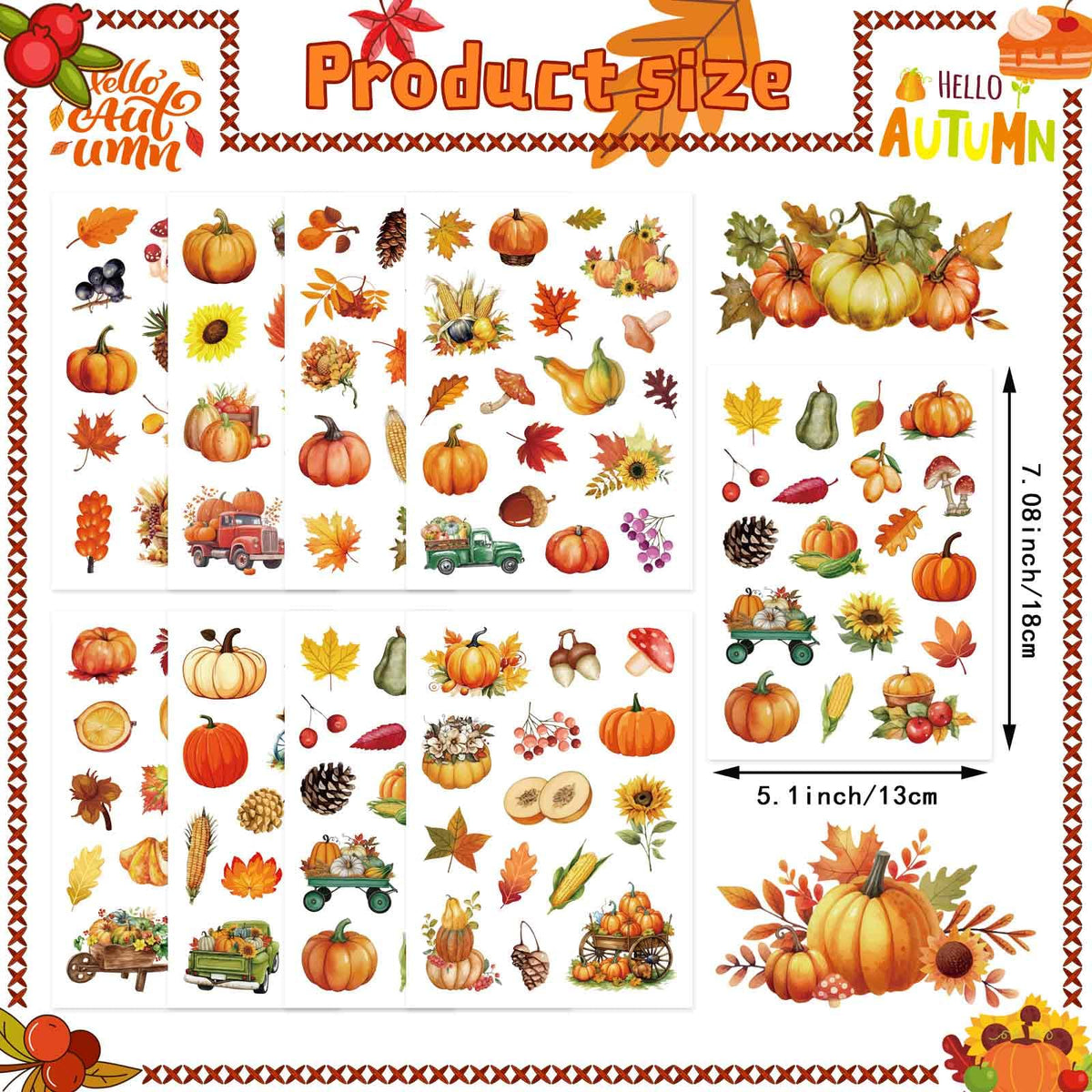 32 Sheets Fall Theme Sticker, Pumpkin Stickers, Hello Autumn Sticker, Thanksgiving Stickers for Kids, Fall Harvest Food Pumpkin Maple Leaves, Thanksgiving Party Favors Supplies