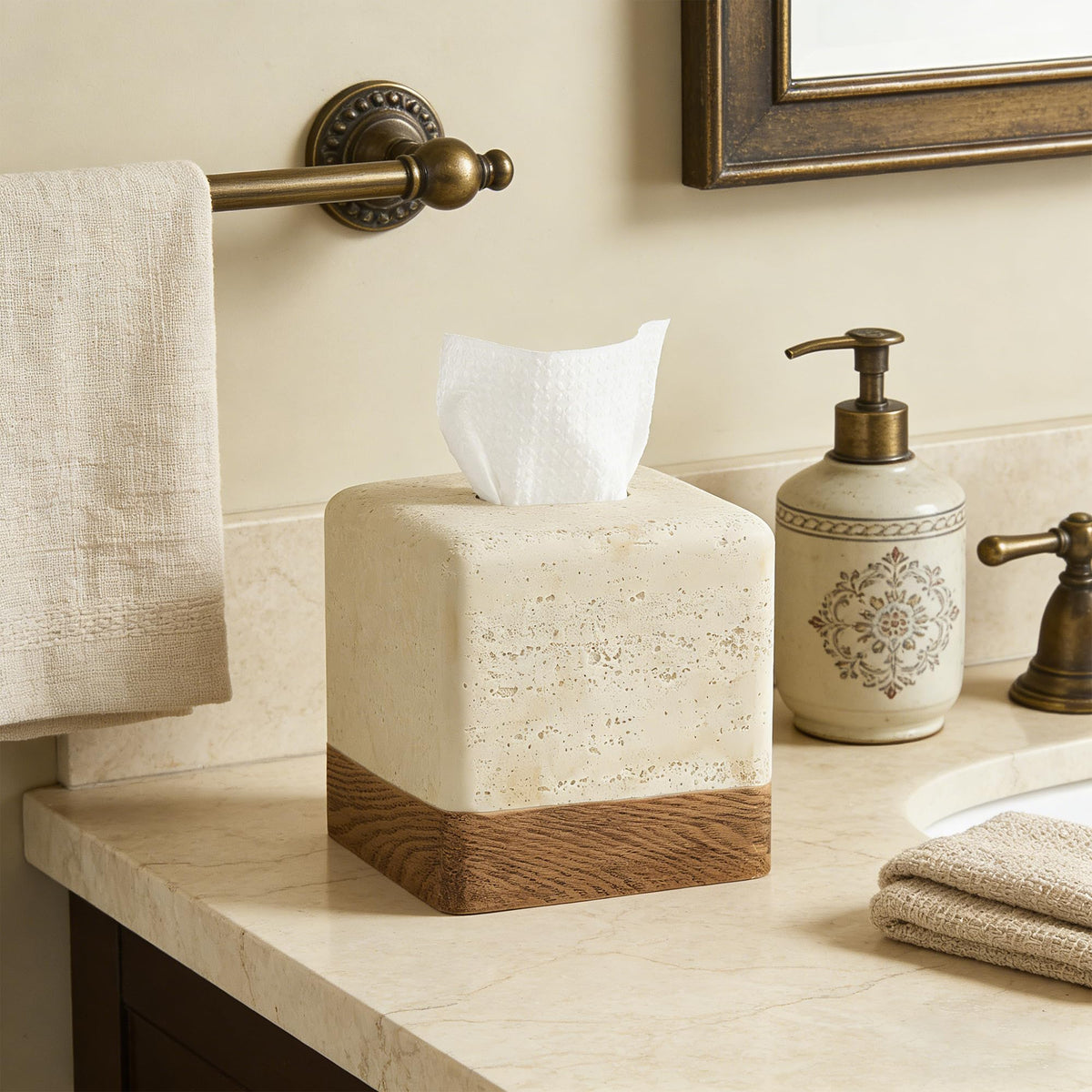 Natural Travertine Match Wooden Square Tissue Box Cover Decorative,Resin Heavy Sturdy Tissue Box Holder, Facial Paper Holder for Bathroom Vanity Countertop, Bedroom Night Stand,Office and End Table