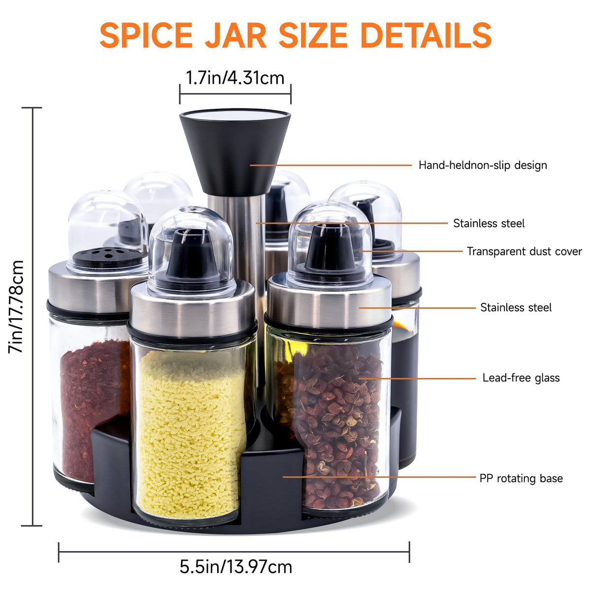 Mlici Oil and Vinegar Dispenser Set of 6 Bottles, Stainless Steel Salt Pepper Holder with 360° Rotating Holder, Cruet Soy Sauce - Premium Glass Condiment for Kitchen, Tabletop, Kitchen Containers